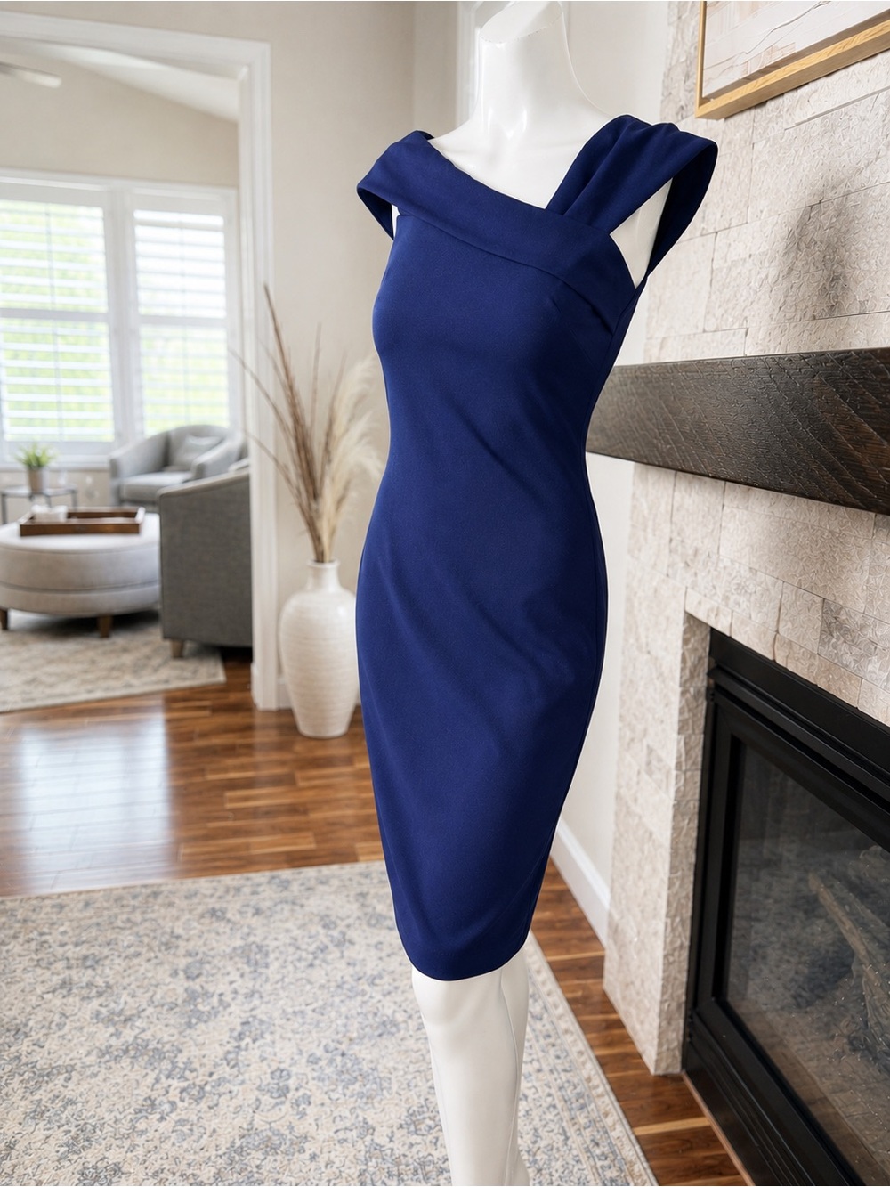 Vince Camuto Navy Asymmetric Foldover Sheath Cocktail Dress 6 - Picture 2 of 7